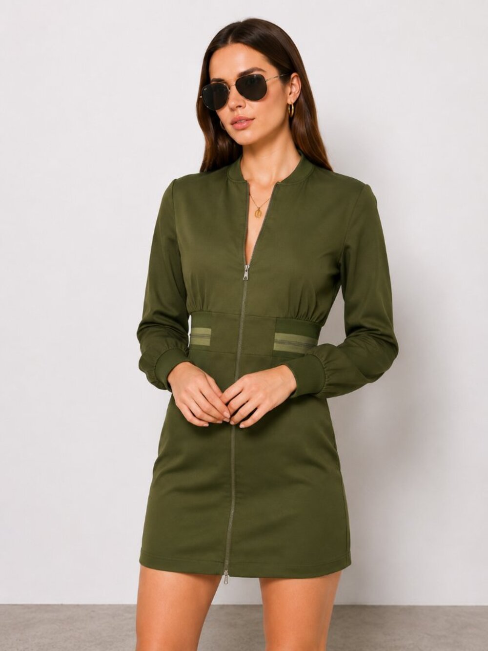 Olive Zip Front Mini Dress Utility Bomber Style NWT